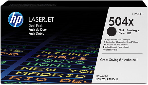 HP CE250XD (HP 504X) Black OEM ColorSphere Print Cartridge (Dual Pack)